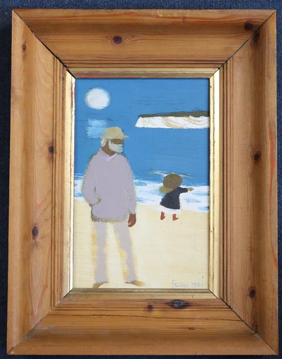 § Mary Fedden (1981-2013) Julian on the beach with a child, 8.5 x 5.5in.